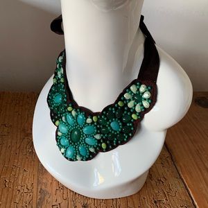 Stella & Dot "Cortez Bib" Necklace- Leather with Cabochon Beading in Box